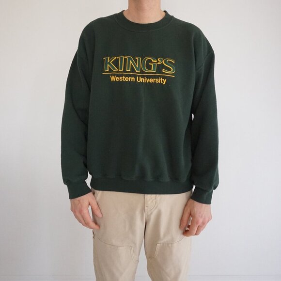 Vintage '90S Dubwear King's Western University Hunter Green Crewneck Sweater L - Picture 1 of 9
